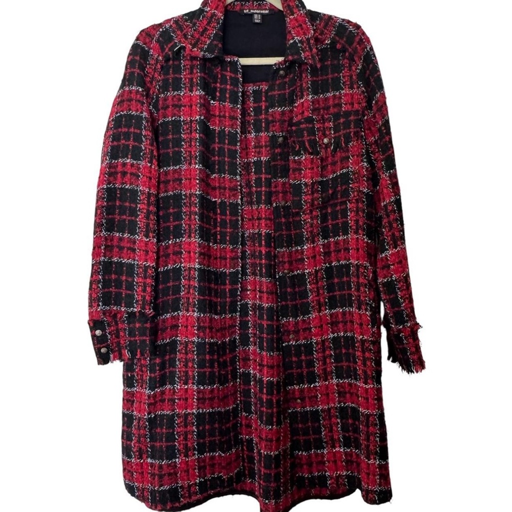 Zara TRF Long Black/Red Plaid Tweed Checked Overcoat Shacket XS